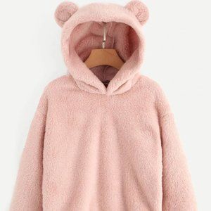 Pink Fluffy hoodie with cute bear ears.